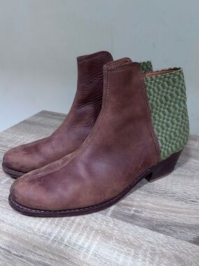 The Root Collective Brown Leather Ankle Booties with Green Woven Back